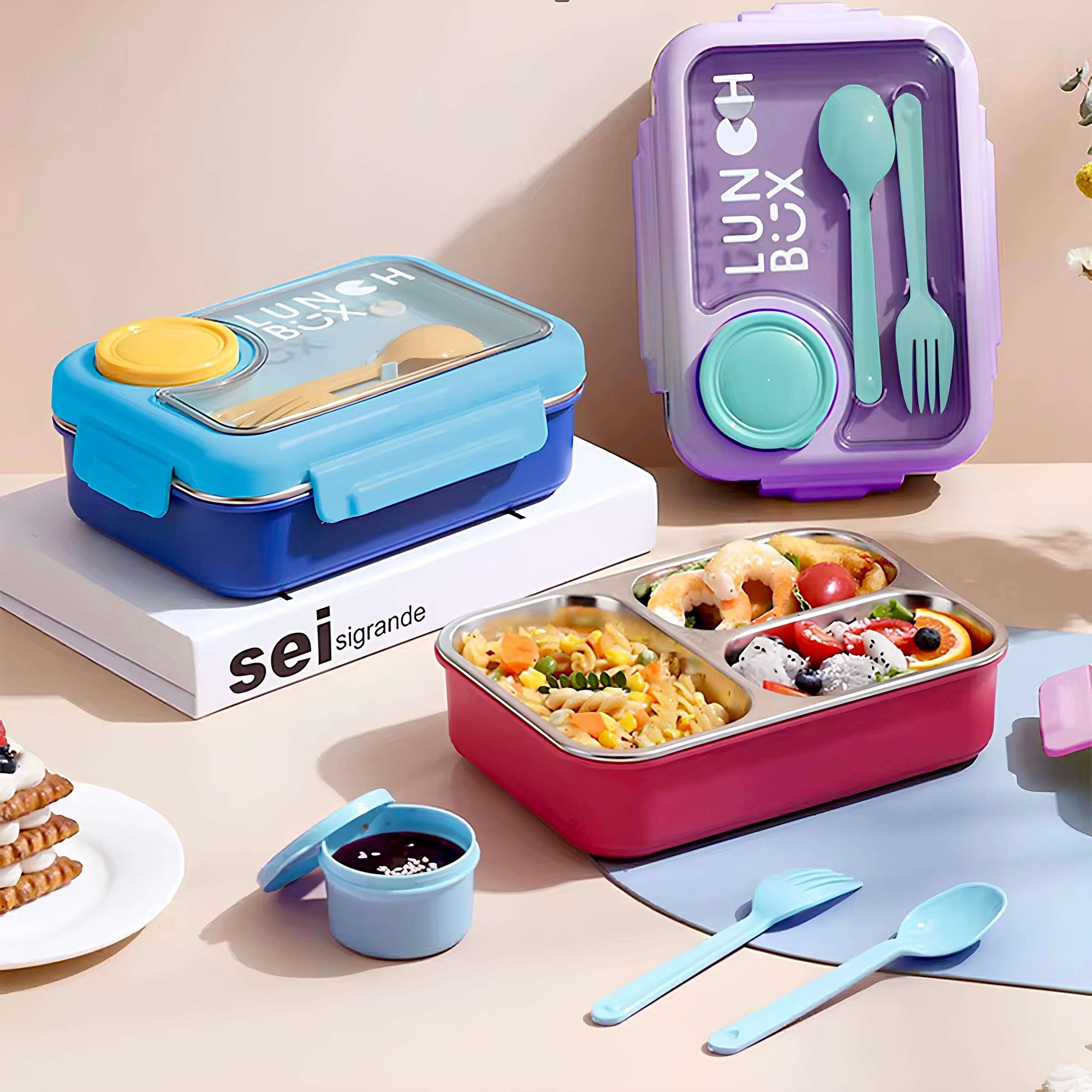 Bento Lunch Box (Spill Free)(Free Cutlery)(3 Compartment)