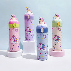 Kiddy Kids Water Bottle Thermos Cup Solid Color Handle Cover Cartoon Unicorn Print
