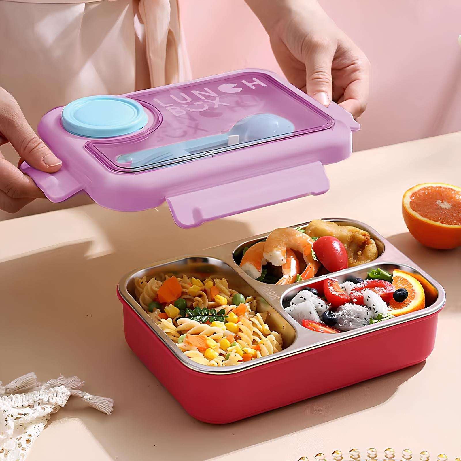 Bento Lunch Box (Spill Free)(Free Cutlery)(3 Compartment)