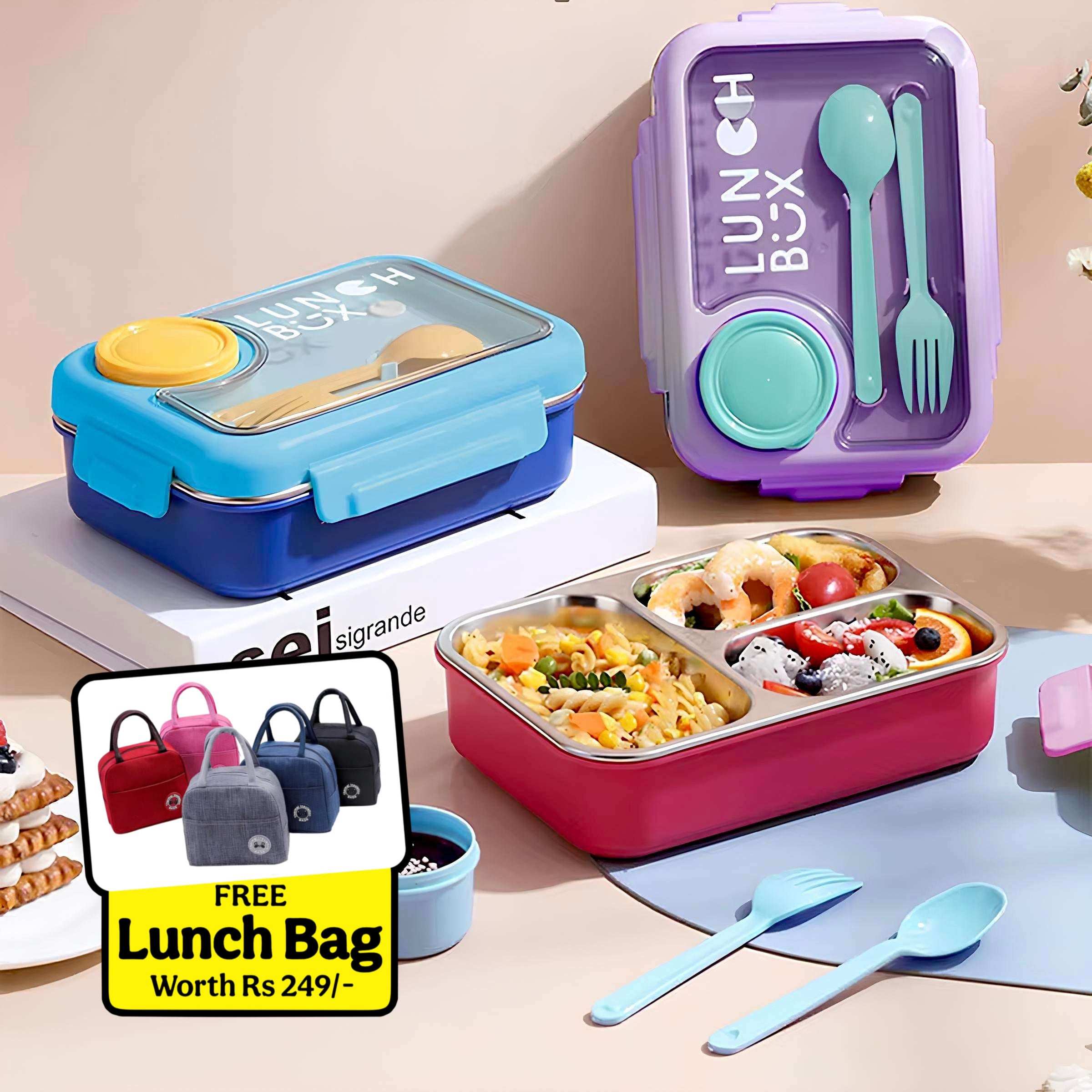 Bento Lunch Box (Spill Free)(Free Cutlery)(3 Compartment)