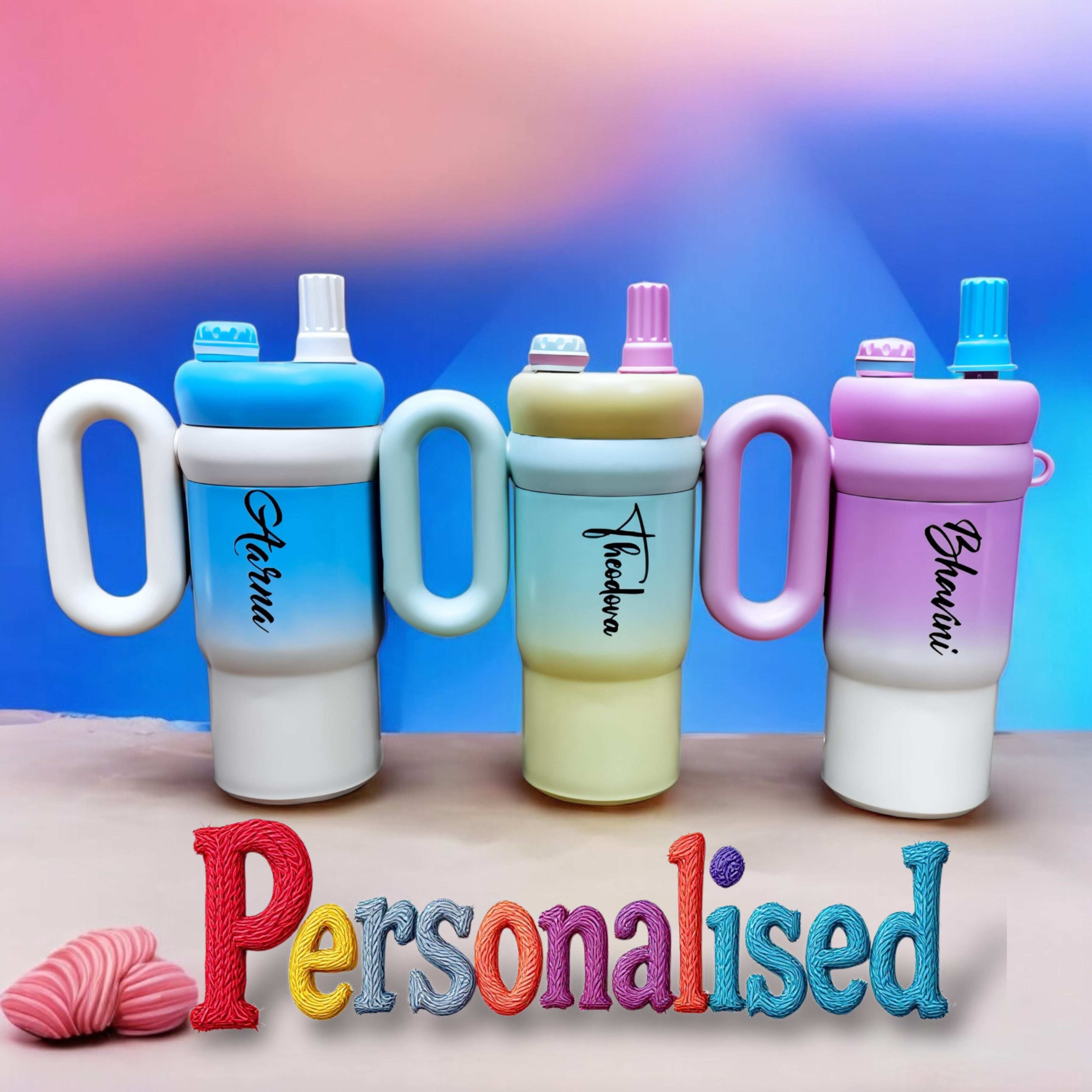 Rainbow Sip Tumbler – 900ML | Cute Kawaii Style with Dual Lids & Handle 🌈🧸💧