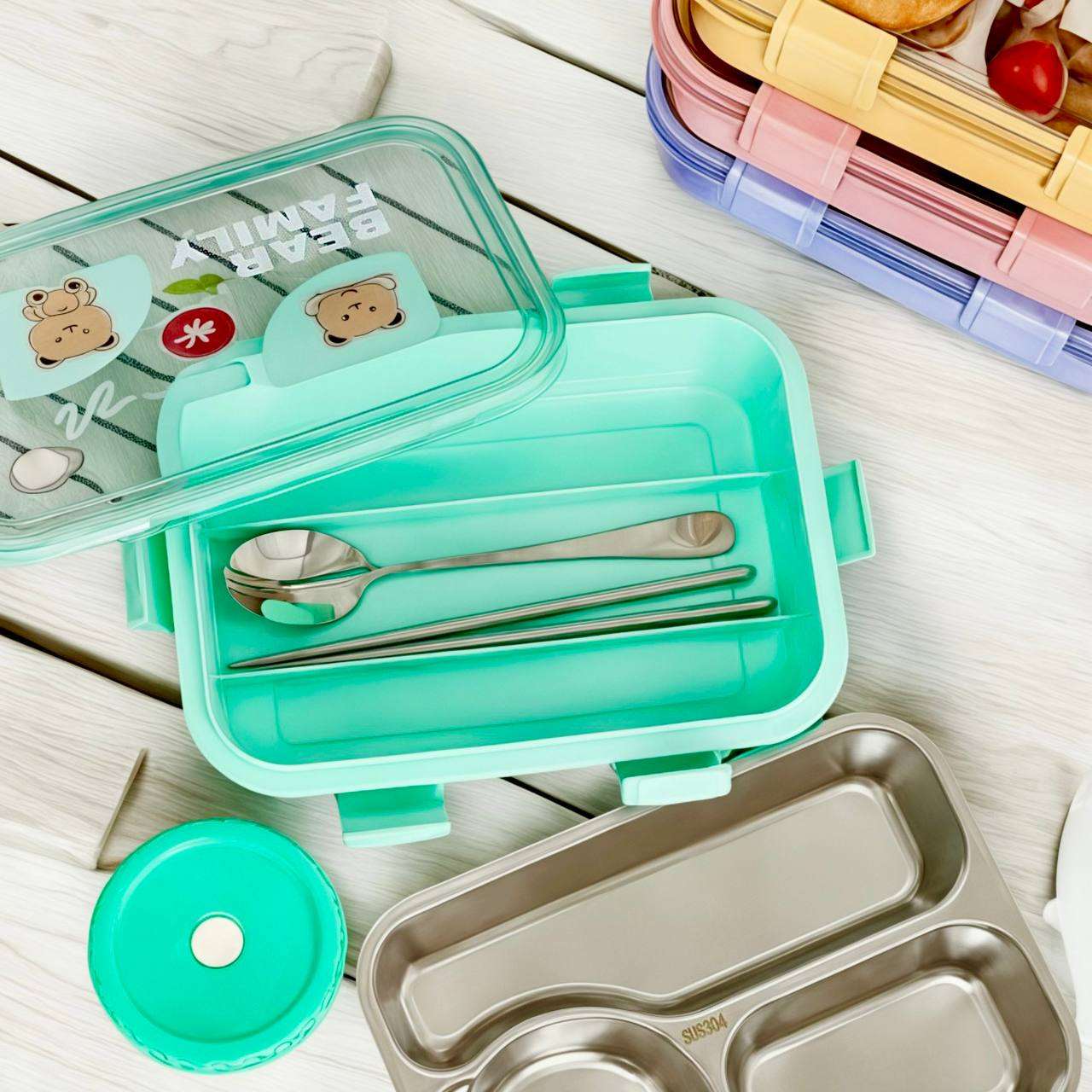 Kawaii Bear Family Bento Lunch Box ( 3 Compartment)