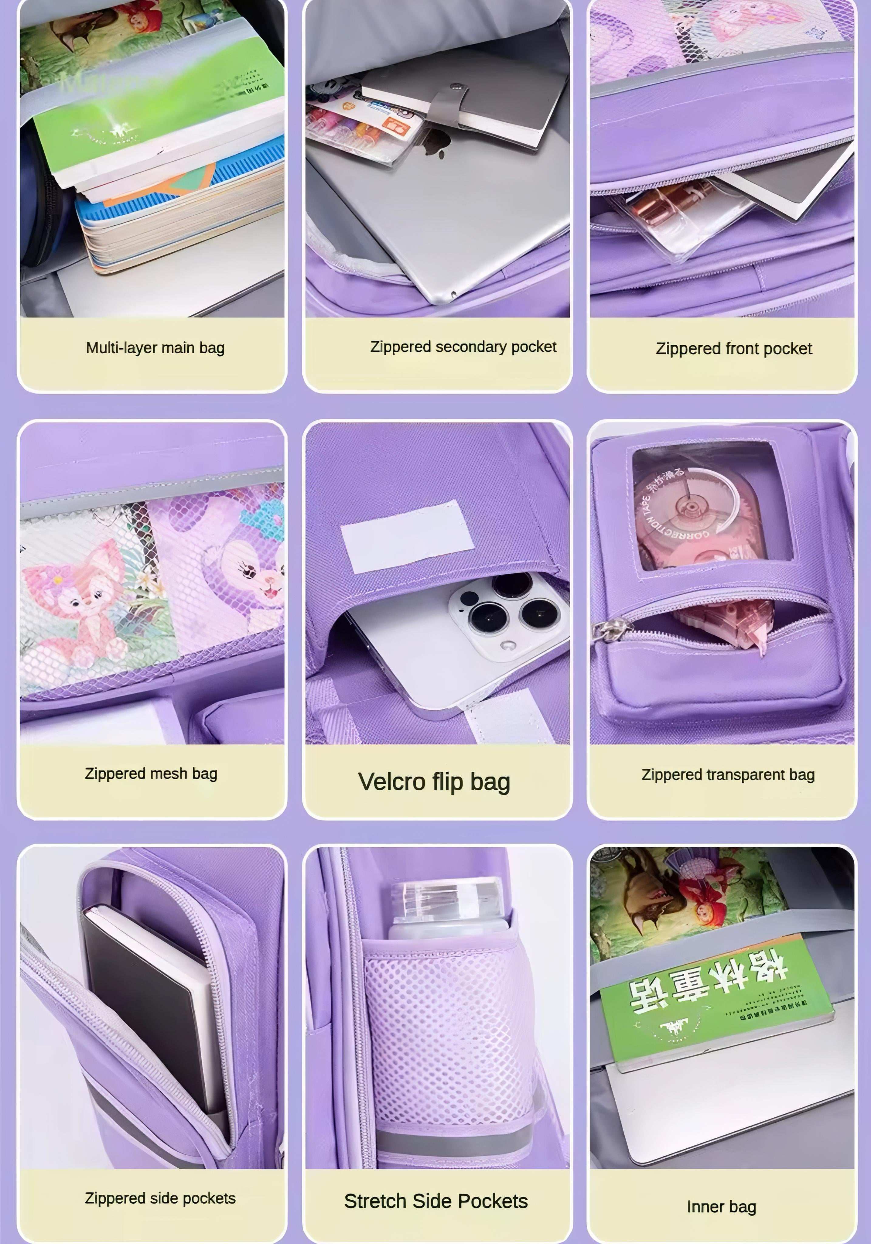 Kawaii Kids Bagpack 17 Inch 8 Pocket