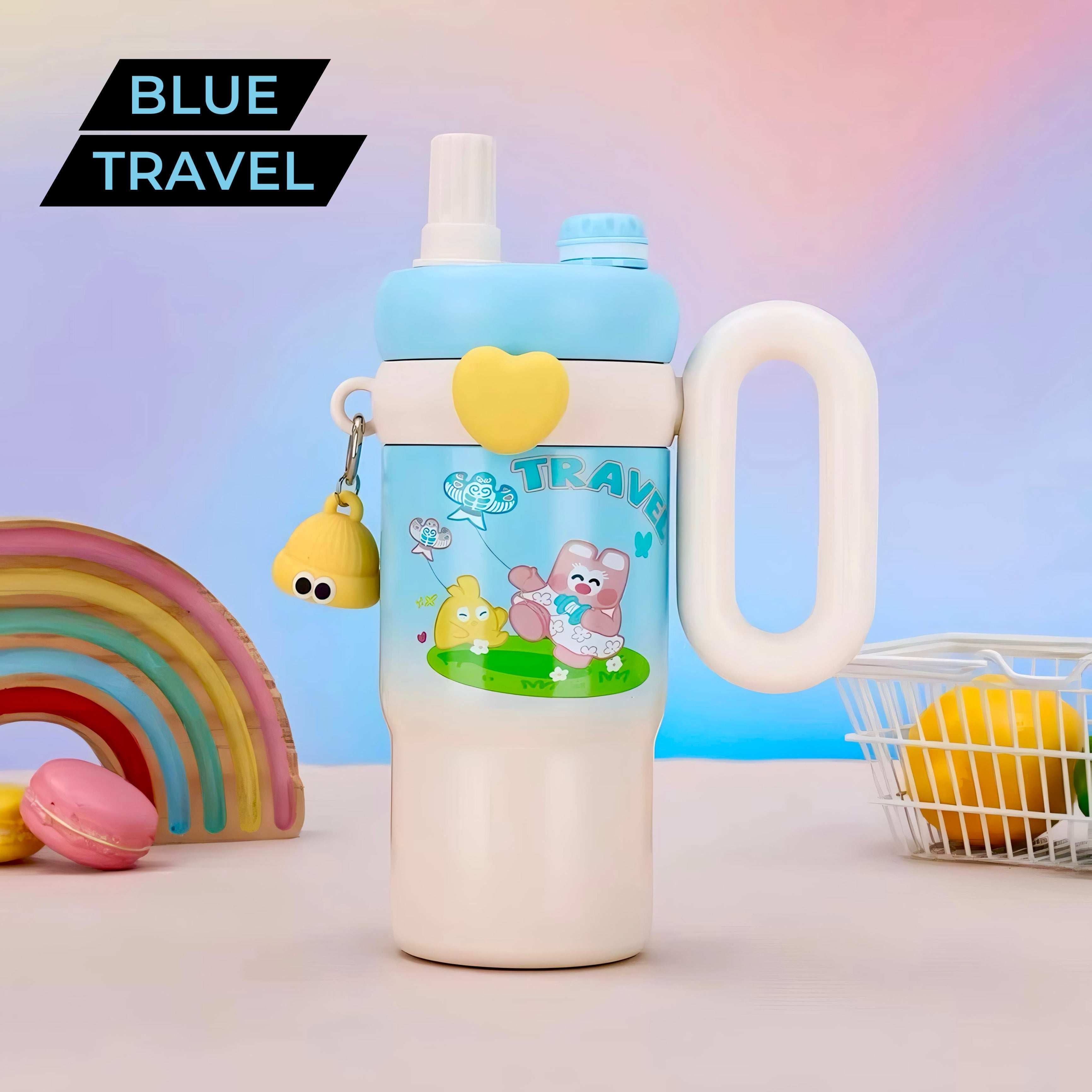 Rainbow Sip Tumbler – 900ML | Cute Kawaii Style with Dual Lids & Handle 🌈🧸💧