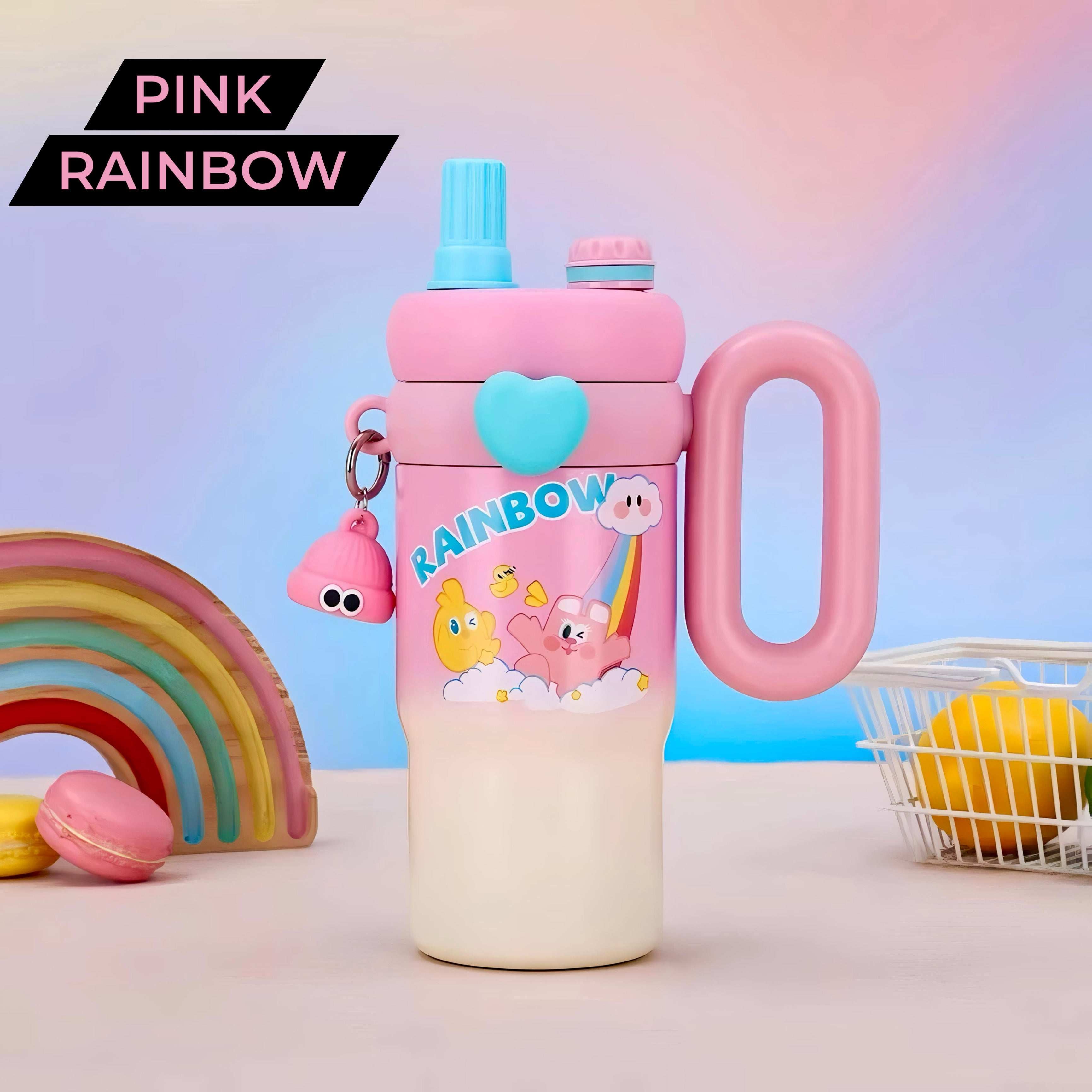 Rainbow Sip Tumbler – 900ML | Cute Kawaii Style with Dual Lids & Handle 🌈🧸💧