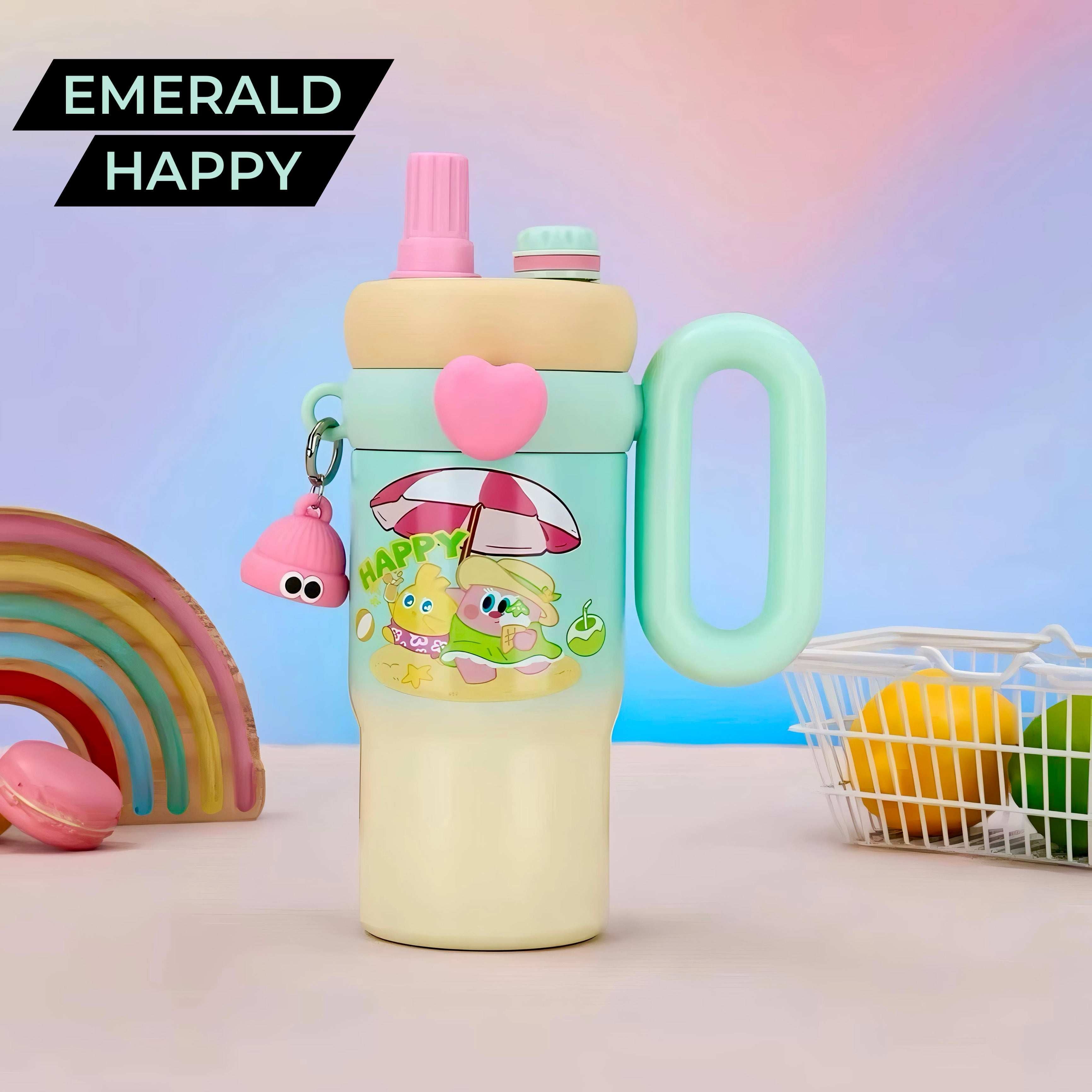 Rainbow Sip Tumbler – 900ML | Cute Kawaii Style with Dual Lids & Handle 🌈🧸💧